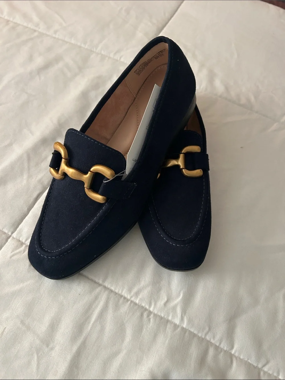 Time and Tru Black Suede Loafers with Gold Buckle Accent